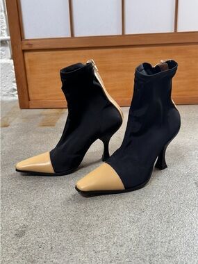 Tony Bianco Black and Beige Pointed Toe Sock Booties Revolve